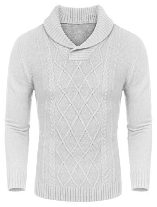 COOFANDY Men's Shawl Collar Sweaters V-Neck Cotton Relaxed Fit Cable Pullover