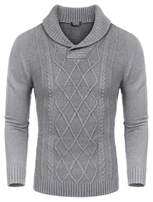 COOFANDY Men's Shawl Collar Sweaters V-Neck Cotton Relaxed Fit Cable Pullover