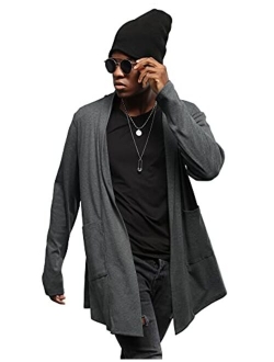 poriff Mens Draped Cardigans Long Sleeve with Hooded Pockets Long Shawl Ruffle