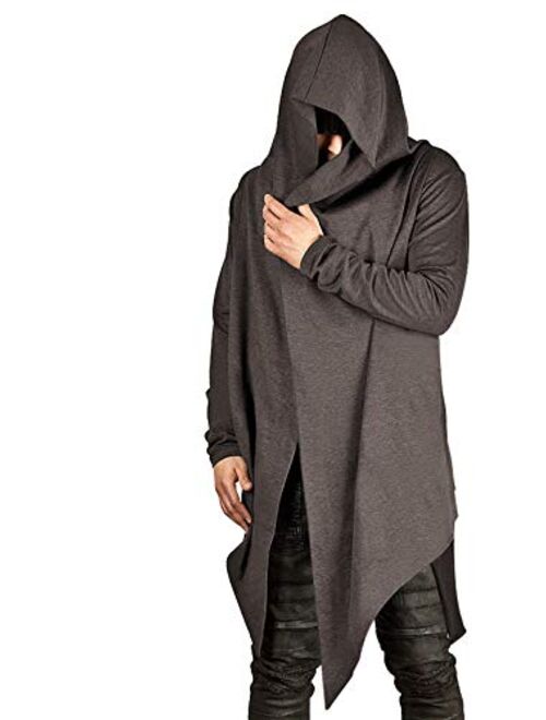 poriff Mens Draped Cardigans Long Sleeve with Hooded Pockets Long Shawl Ruffle