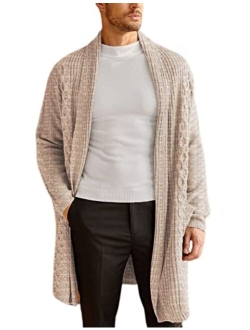 Mens Fashion Long Ruffle Knit Cardigan Lightweight Shawl Collar Sweater