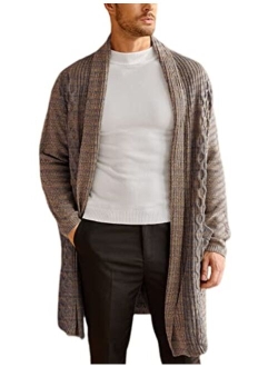 Mens Fashion Long Ruffle Knit Cardigan Lightweight Shawl Collar Sweater