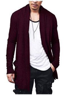 Men's Ruffle Shawl Collar Cardigan Premium Cotton Blend Long Length Drape Cape Overcoat