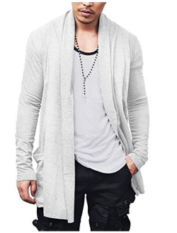 Men's Ruffle Shawl Collar Cardigan Premium Cotton Blend Long Length Drape Cape Overcoat