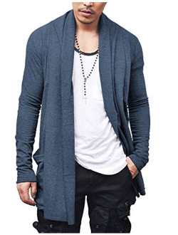 Men's Ruffle Shawl Collar Cardigan Premium Cotton Blend Long Length Drape Cape Overcoat