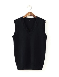 Men Women Knitted Cotton V-Neck Vest JK Uniform Pullover Sleeveless Sweater School Cardigan