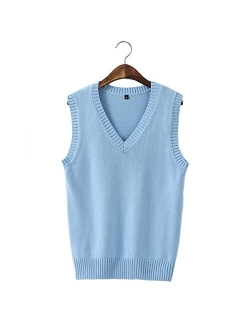 Men Women Knitted Cotton V-Neck Vest JK Uniform Pullover Sleeveless Sweater School Cardigan