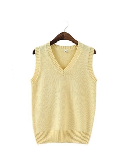 Men Women Knitted Cotton V-Neck Vest JK Uniform Pullover Sleeveless Sweater School Cardigan