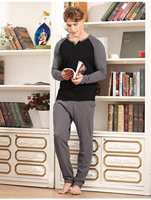 Aiboria Men's Pajamas Set Cotton Long Sleeve Top and Pants Soft Sleepwear Lounge Set