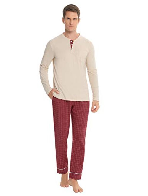 Aiboria Men's Pajamas Set Cotton Long Sleeve Top and Pants Soft Sleepwear Lounge Set