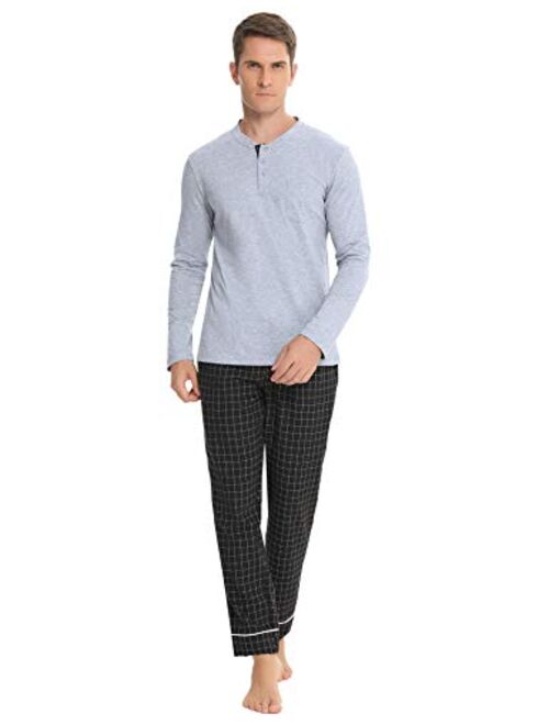 Aiboria Men's Pajamas Set Cotton Long Sleeve Top and Pants Soft Sleepwear Lounge Set