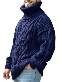 Mens Sweaters Turtleneck Cable Knitted Pullover Long Sleeve Slim Fit Chunky Casual Fall Winter Warm Cardigans