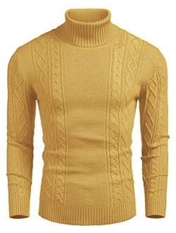 Men's Slim fit Turtleneck Sweater Casual Cable Knitted Pullover Sweaters