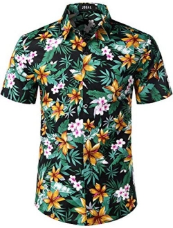 JOGAL Flower Cotton Button Down Short Sleeve Hawaiian Shirt