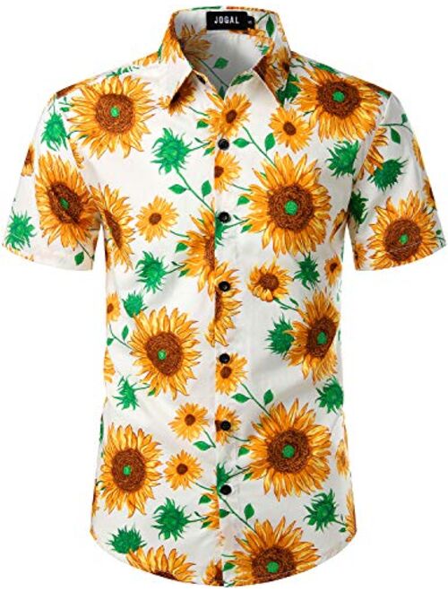 JOGAL Flower Cotton Button Down Short Sleeve Hawaiian Shirt