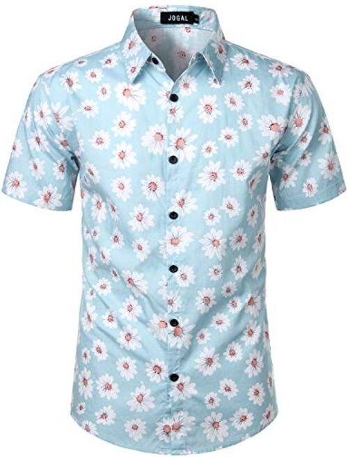 JOGAL Flower Cotton Button Down Short Sleeve Hawaiian Shirt