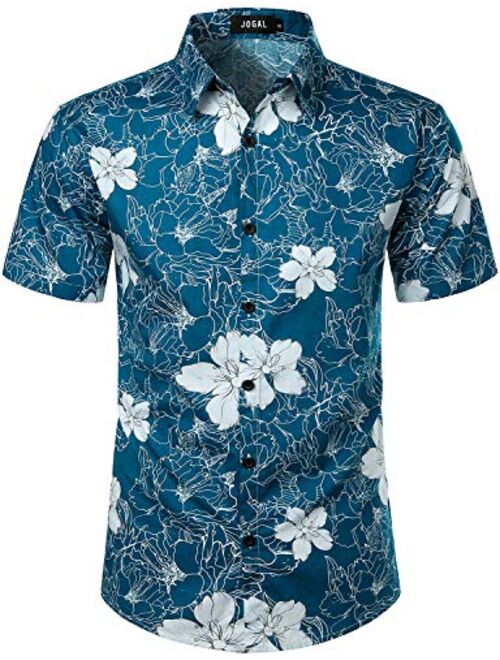 JOGAL Flower Cotton Button Down Short Sleeve Hawaiian Shirt