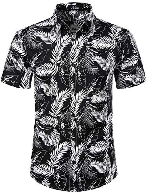 JOGAL Flower Cotton Button Down Short Sleeve Hawaiian Shirt