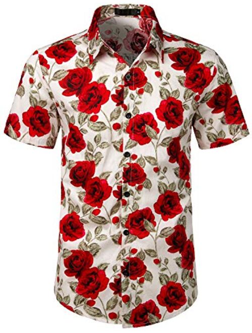 JOGAL Flower Cotton Button Down Short Sleeve Hawaiian Shirt