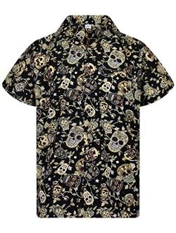 Funky Hawaiian Halloween Shirt for Men Short Sleeve Front-Pocket Sugar Skulls Multi Colors