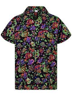 Funky Hawaiian Halloween Shirt for Men Short Sleeve Front-Pocket Sugar Skulls Multi Colors