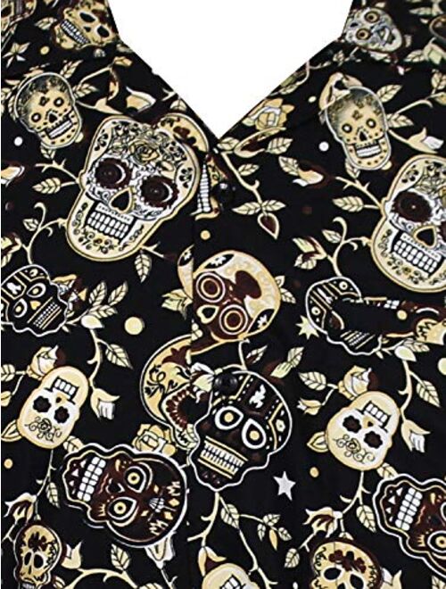 Funky Hawaiian Halloween Shirt for Men Short Sleeve Front-Pocket Sugar Skulls Multi Colors