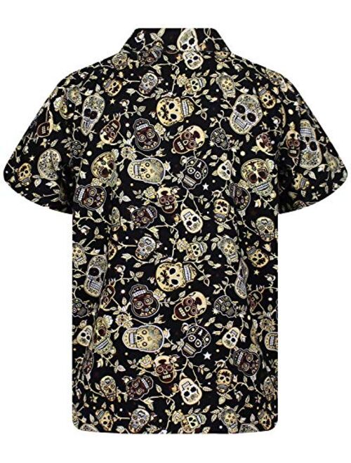 Funky Hawaiian Halloween Shirt for Men Short Sleeve Front-Pocket Sugar Skulls Multi Colors