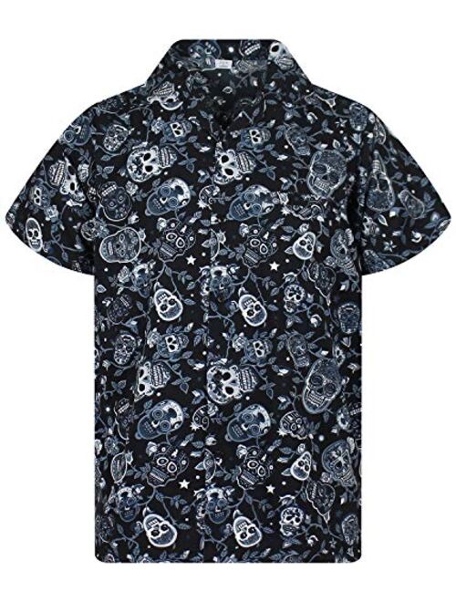 Funky Hawaiian Halloween Shirt for Men Short Sleeve Front-Pocket Sugar Skulls Multi Colors