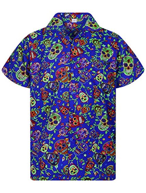 Funky Hawaiian Halloween Shirt for Men Short Sleeve Front-Pocket Sugar Skulls Multi Colors