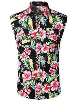 JOGAL Sleeveless Flower Casual Button Down Hawaiian Shirt