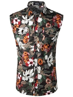 JOGAL Sleeveless Flower Casual Button Down Hawaiian Shirt