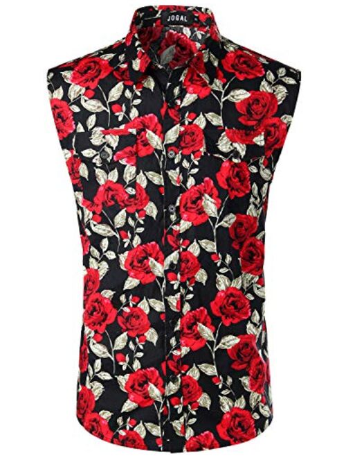 JOGAL Sleeveless Flower Casual Button Down Hawaiian Shirt