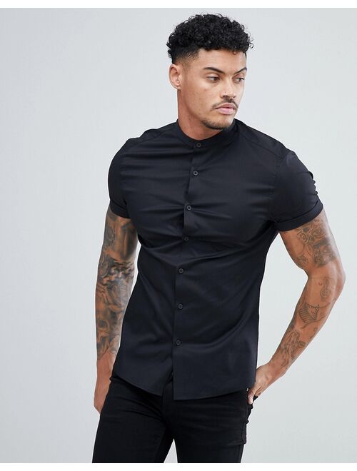 ASOS DESIGN stretch skinny fit shirt in black with grandad collar