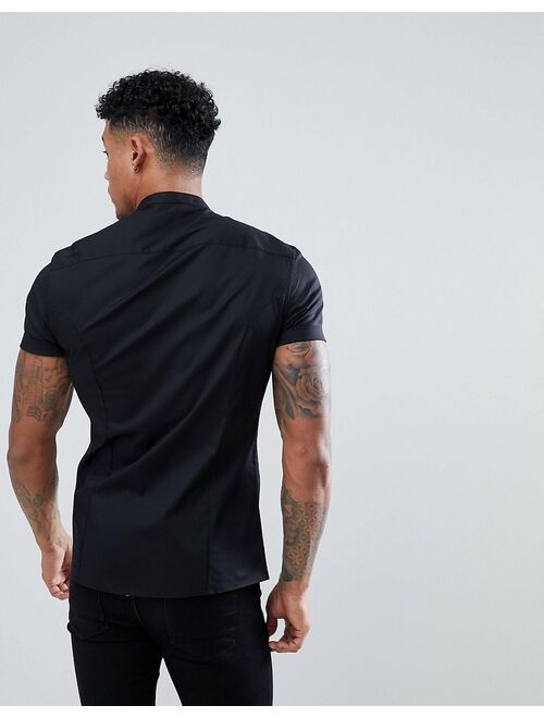 ASOS DESIGN stretch skinny fit shirt in black with grandad collar