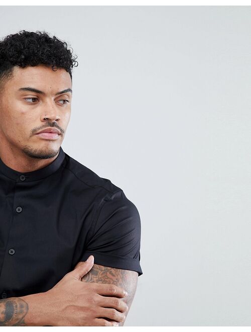 ASOS DESIGN stretch skinny fit shirt in black with grandad collar