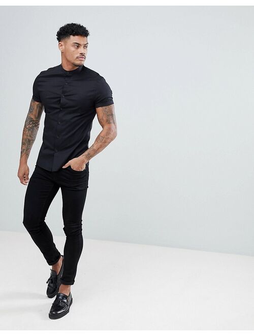 ASOS DESIGN stretch skinny fit shirt in black with grandad collar