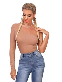 Women's Cutout Waist Long Sleeve One Shoulder Crop Top T Shirt