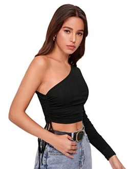 Women's Cutout Waist Long Sleeve One Shoulder Crop Top T Shirt