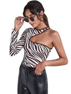 Women's Cutout Waist Long Sleeve One Shoulder Crop Top T Shirt