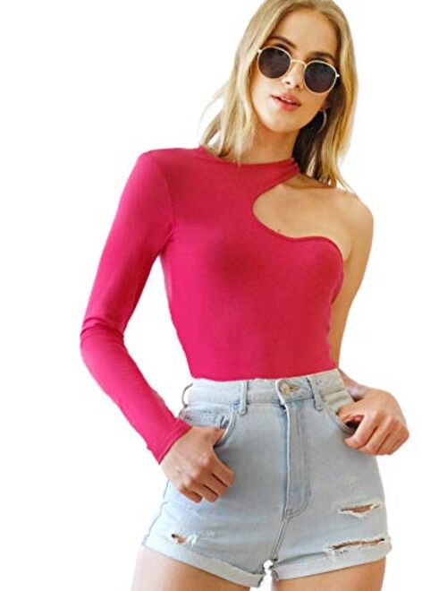 SweatyRocks Women's Cutout Waist Long Sleeve One Shoulder Crop Top T Shirt