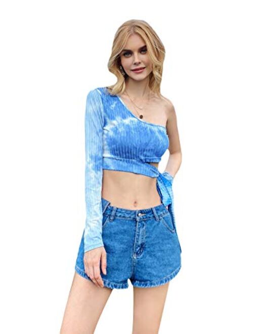 SweatyRocks Women's Cutout Waist Long Sleeve One Shoulder Crop Top T Shirt