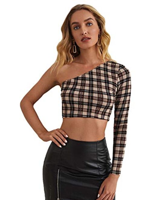 SweatyRocks Women's Cutout Waist Long Sleeve One Shoulder Crop Top T Shirt