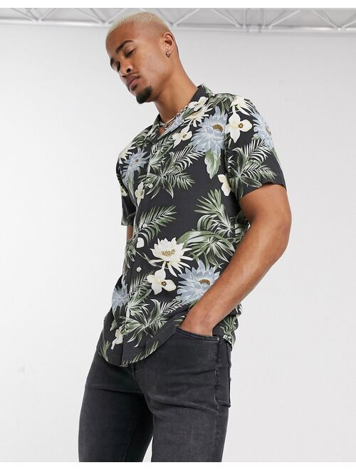 ASOS DESIGN revere collar regular hawaiian shirt in black