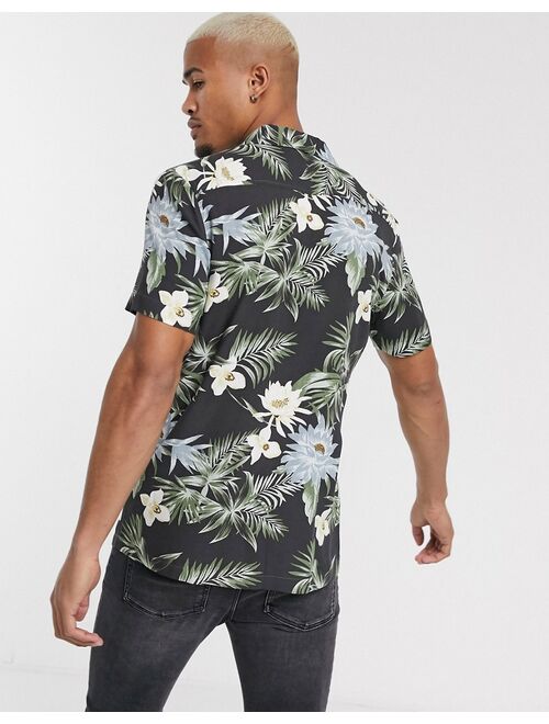 ASOS DESIGN revere collar regular hawaiian shirt in black