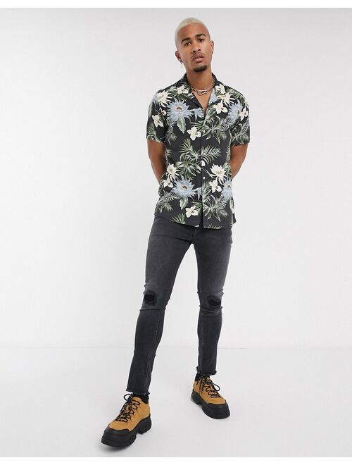 ASOS DESIGN revere collar regular hawaiian shirt in black