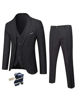 YND Men's Slim Fit 2 Button 3 Piece Suit Set, Solid Blazer Jacket Vest Pants & Tie