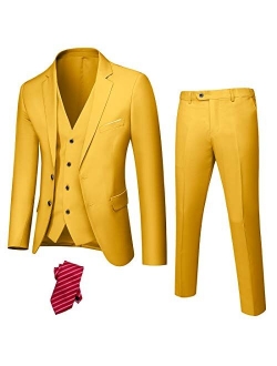 YND Men's Slim Fit 2 Button 3 Piece Suit Set, Solid Blazer Jacket Vest Pants & Tie