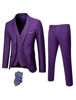 YND Men's Slim Fit 2 Button 3 Piece Suit Set, Solid Blazer Jacket Vest Pants & Tie