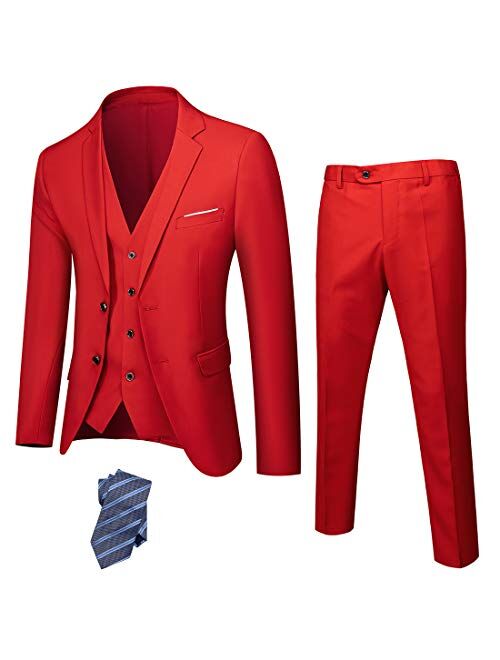 YND Men's Slim Fit 2 Button 3 Piece Suit Set, Solid Blazer Jacket Vest Pants & Tie