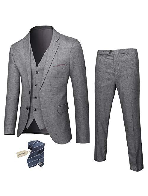 YND Men's Slim Fit 2 Button 3 Piece Suit Set, Solid Blazer Jacket Vest Pants & Tie